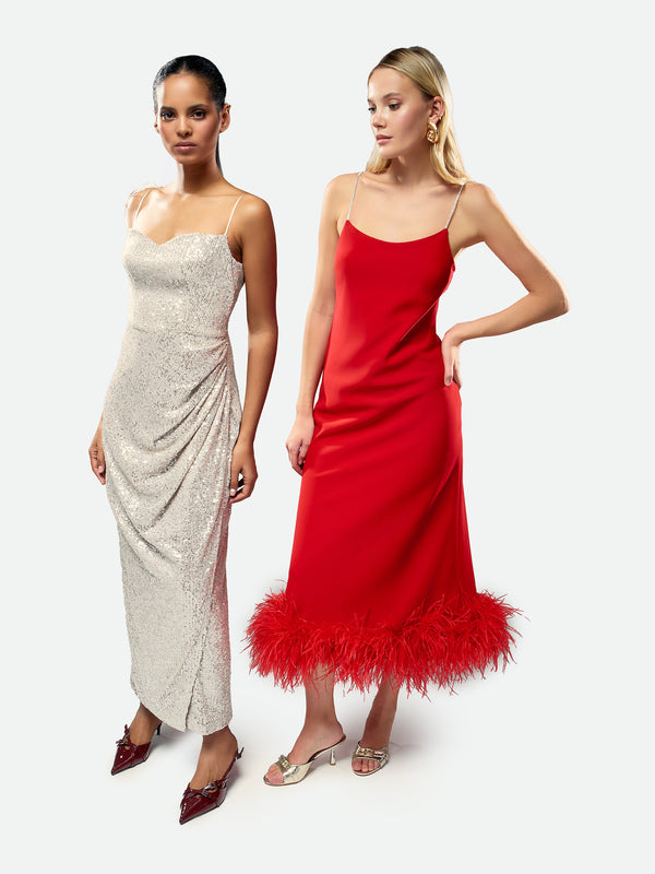 Feather Slip Dress Red