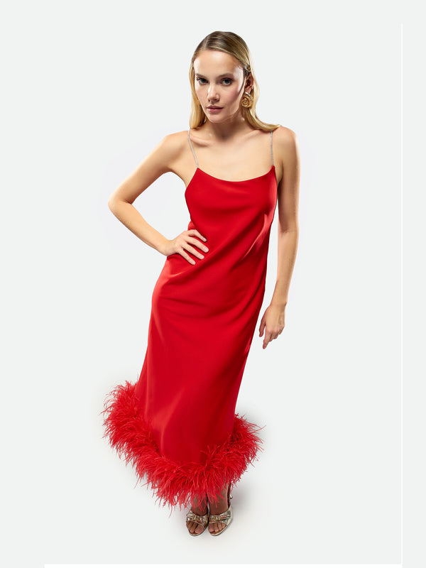 Feather Slip Dress Red